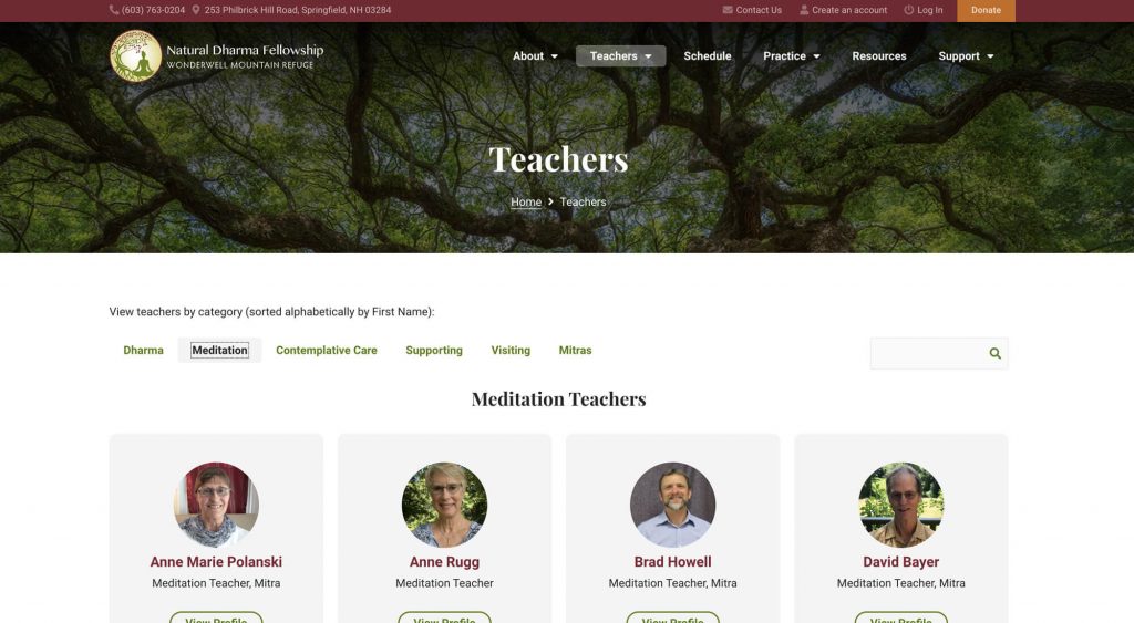 Meditation teacher directory with dynamic profiles